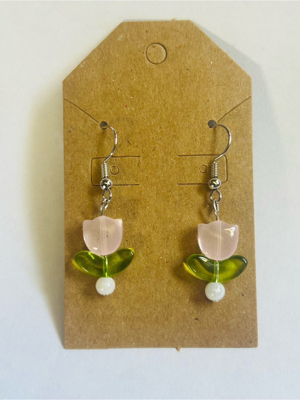 Handmade Pink Tulip Glass Drop Earrings with Green Leaves